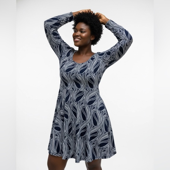 Michael Kors Dresses & Skirts - Michael‎ Kors Navy Graphic Print Fit & Flare Dress Womens sz Medium  M Exc Cond